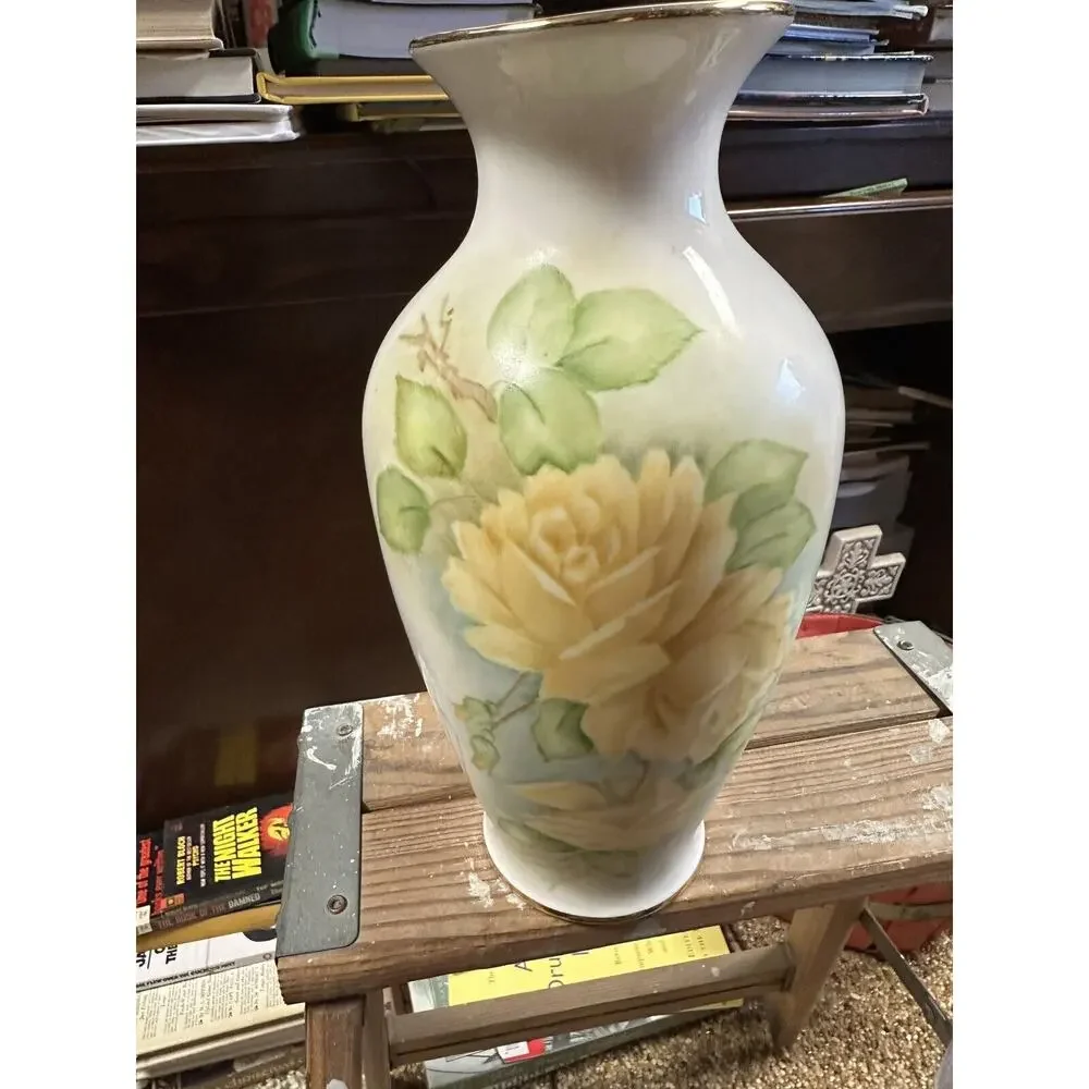Ruth Houston Hand Painted Yellow‎ Rose Porcelain Vase Gold Gilt Rim Vintage